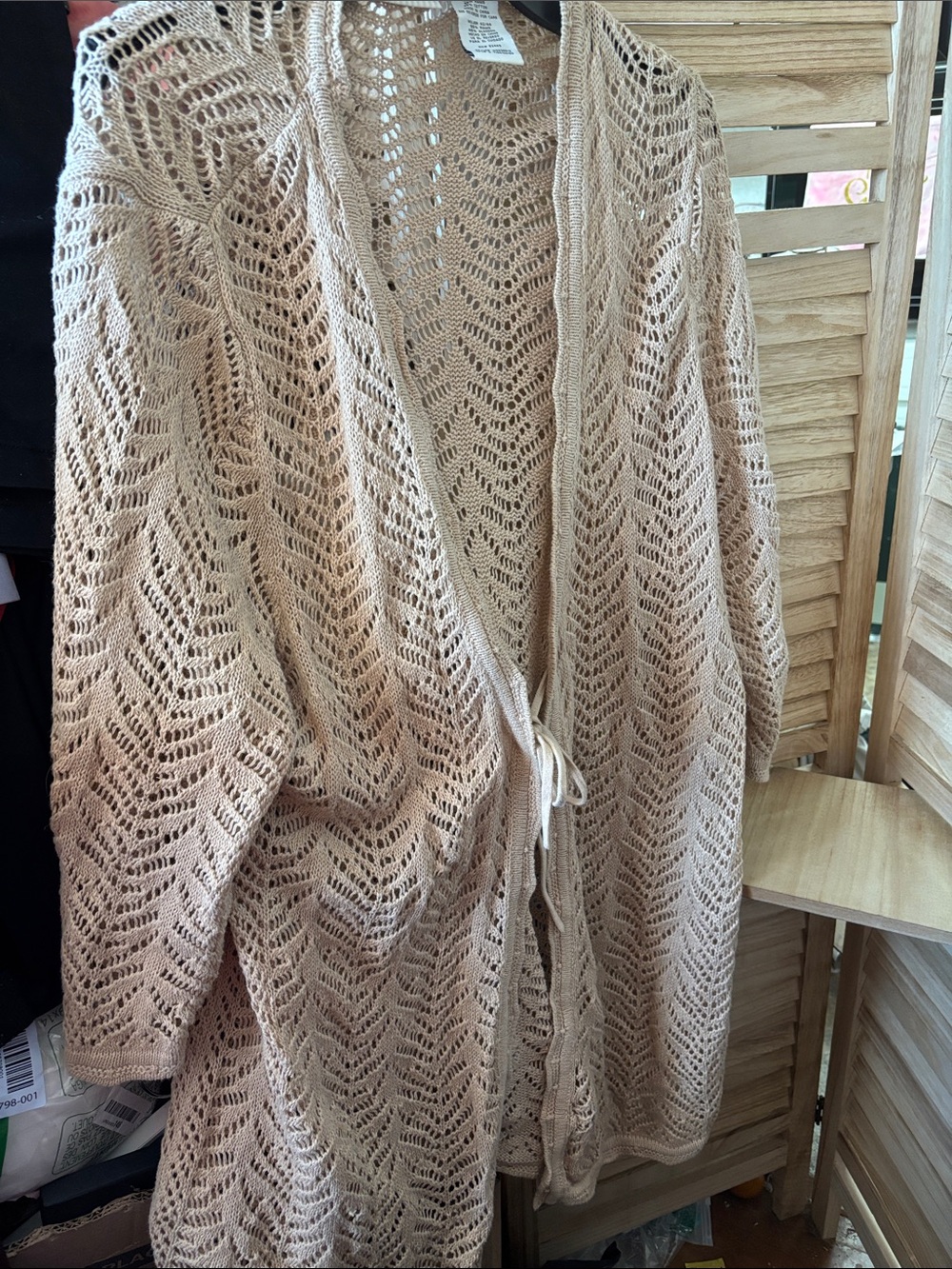 White Stag Open-Knit Tie-Front Cardigan in Beige 22W/24W